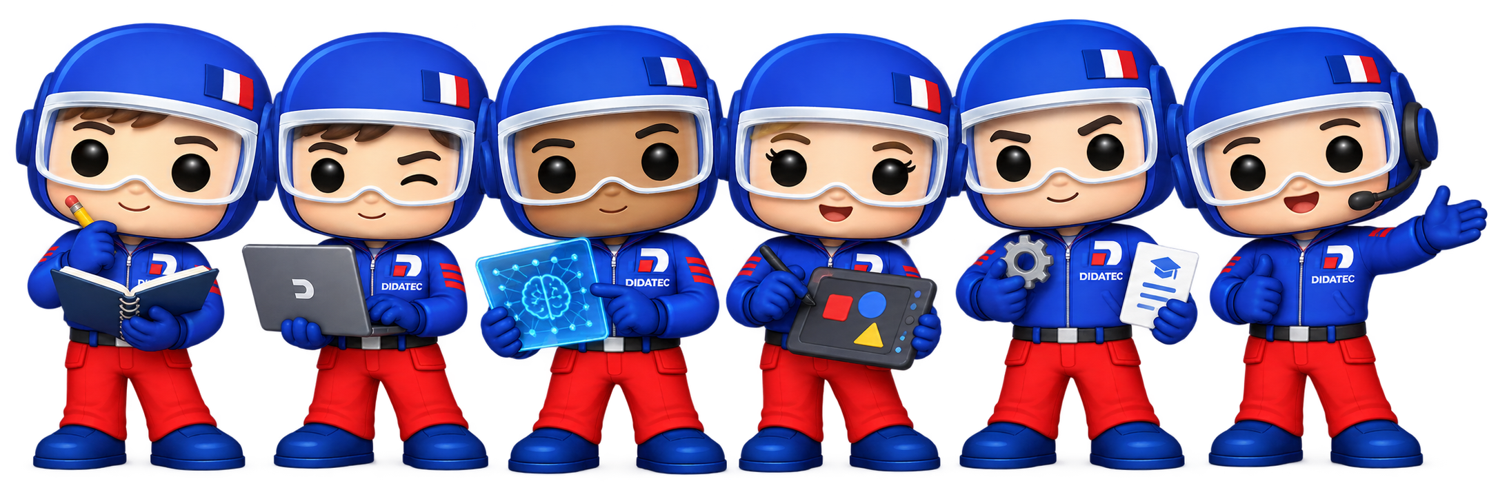 Une équipe de six déclinaisons de Max, avec des visages et des accessoires différents pour illustrer les métiers de Campus.