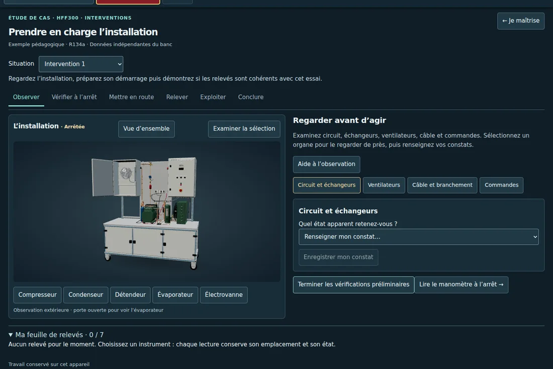 Capture d’une situation d’intervention avec le banc 3D et les étapes de prise en charge